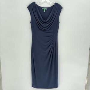 Lauren Ralph Lauren Women's Navy Ruched Cowl Neck Sleeveless Sheath Dress Size 8